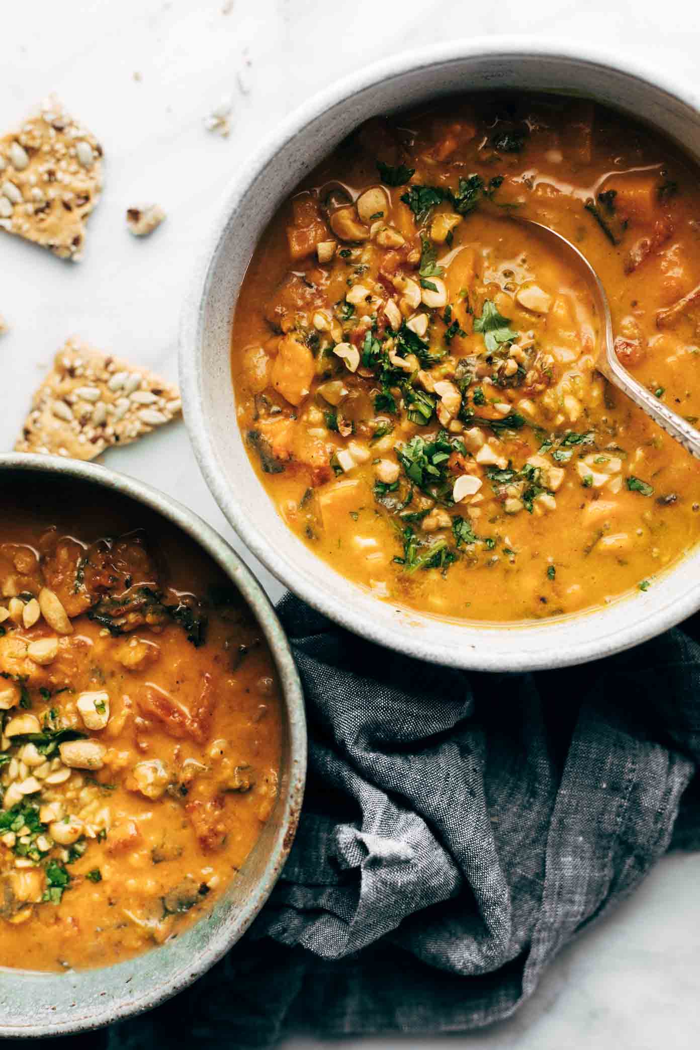 African-inspired crockpot soup with peanut butter, chili peppers, brown rice and lentils